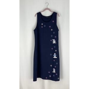 Fashion Classics Embroidered Snowman Christmas Maxi Dress Womens Large Navy Blue